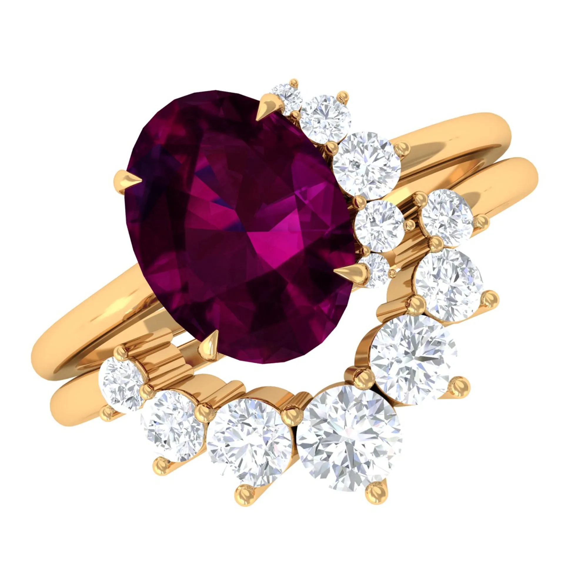 Oval Rhodolite Solitaire Wedding Ring Set with Diamond