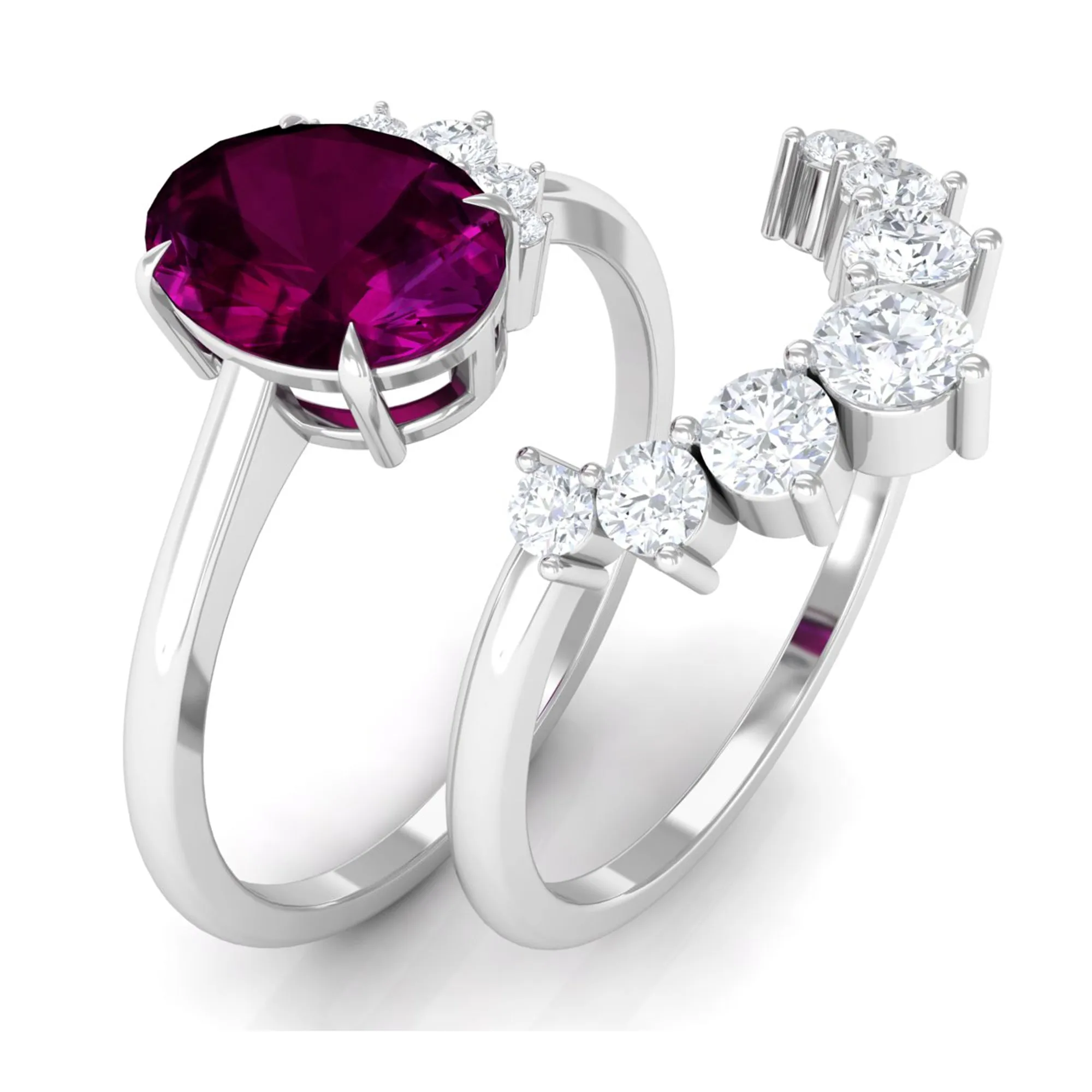 Oval Rhodolite Solitaire Wedding Ring Set with Diamond