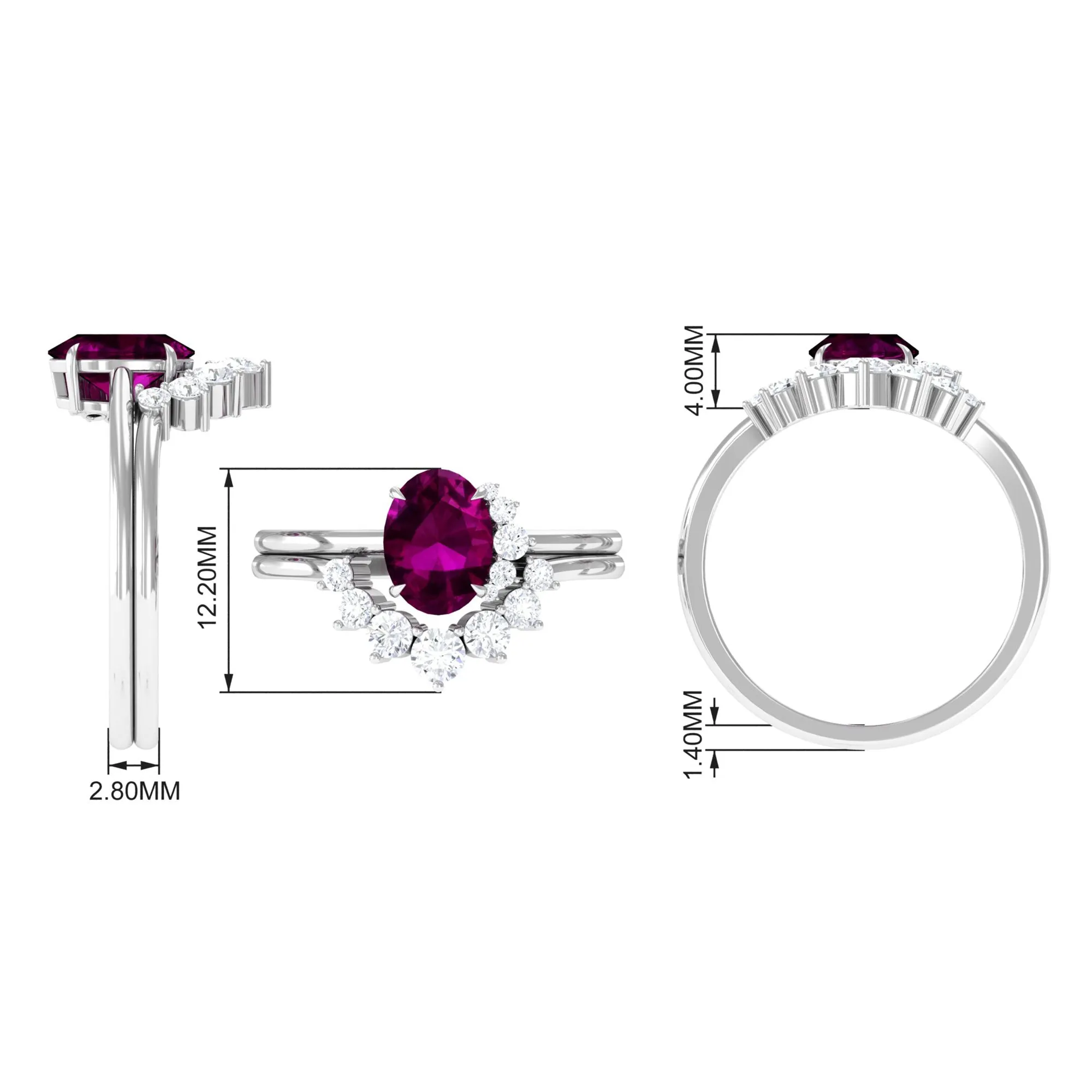 Oval Rhodolite Solitaire Wedding Ring Set with Diamond