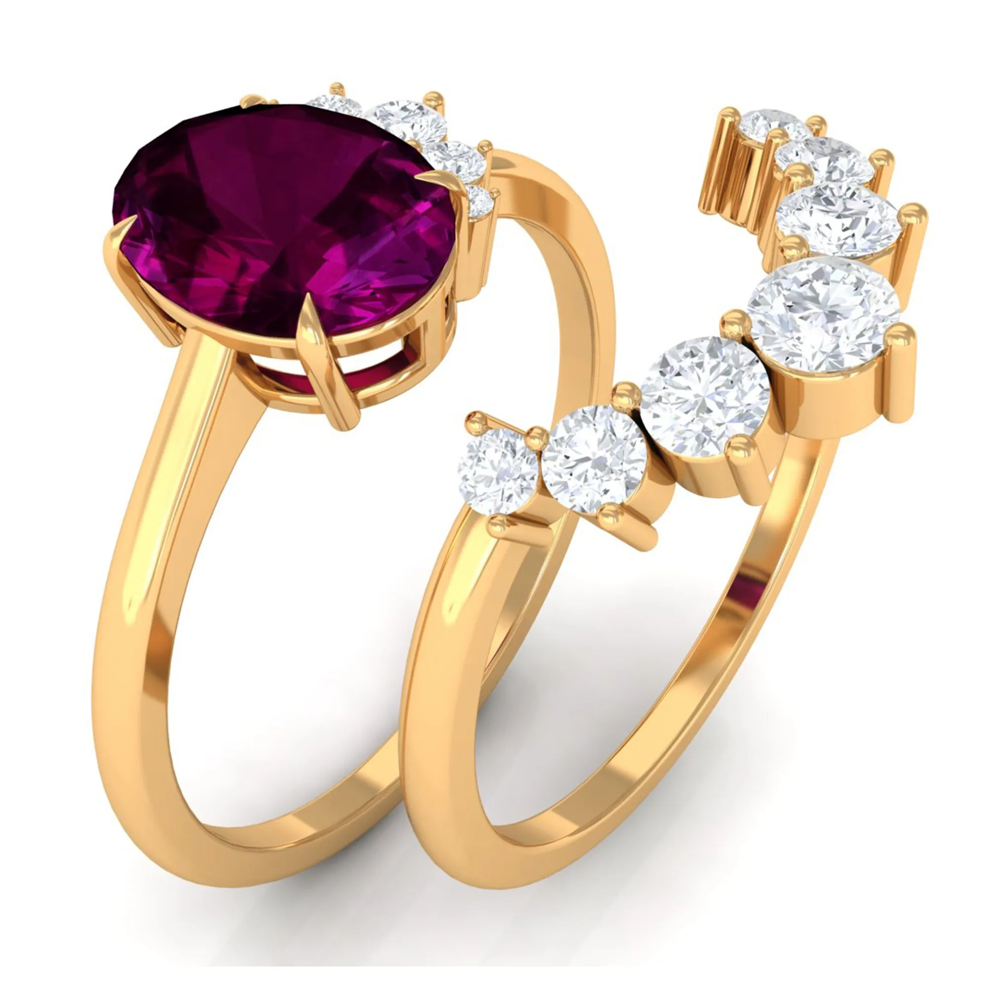 Oval Rhodolite Solitaire Wedding Ring Set with Diamond