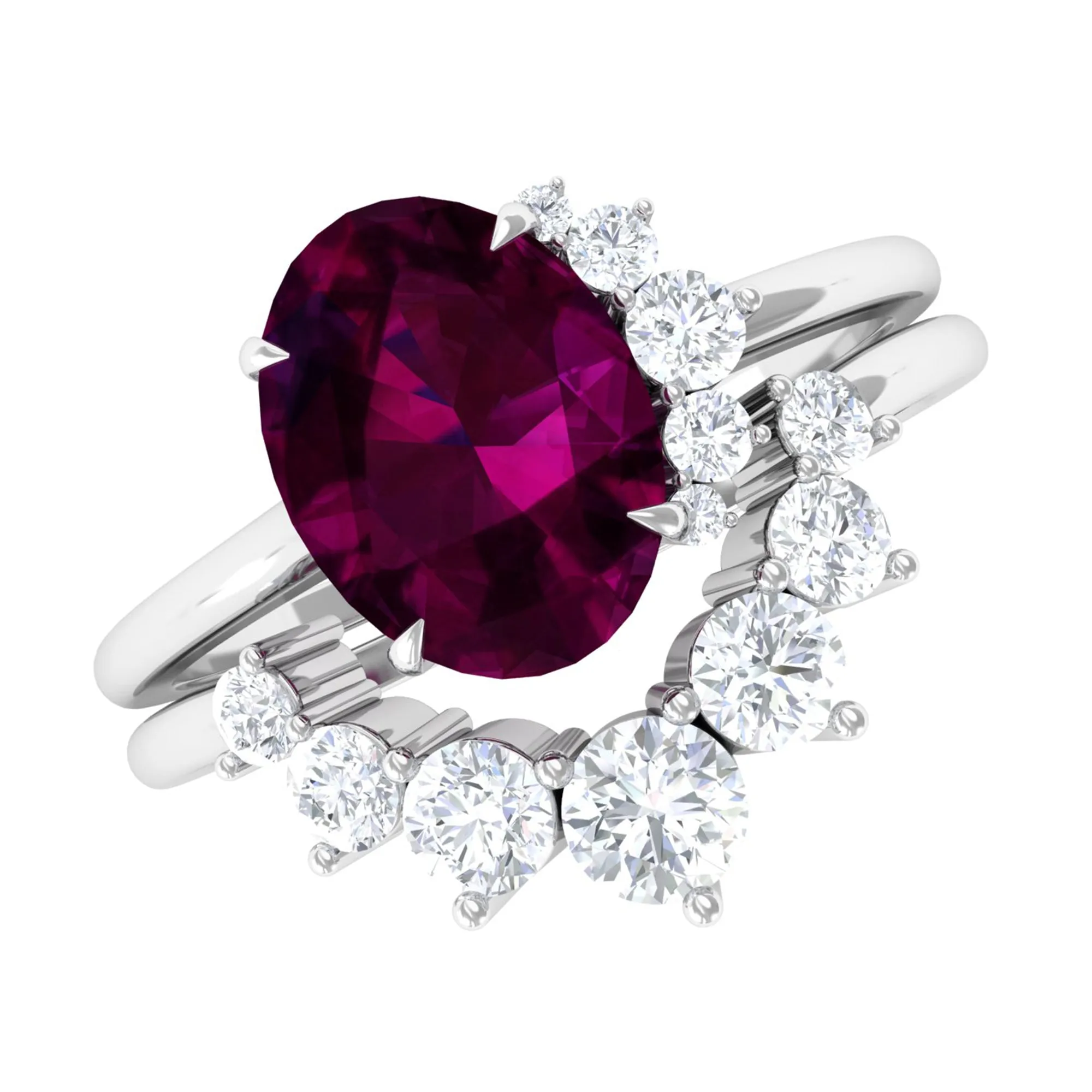 Oval Rhodolite Solitaire Wedding Ring Set with Diamond