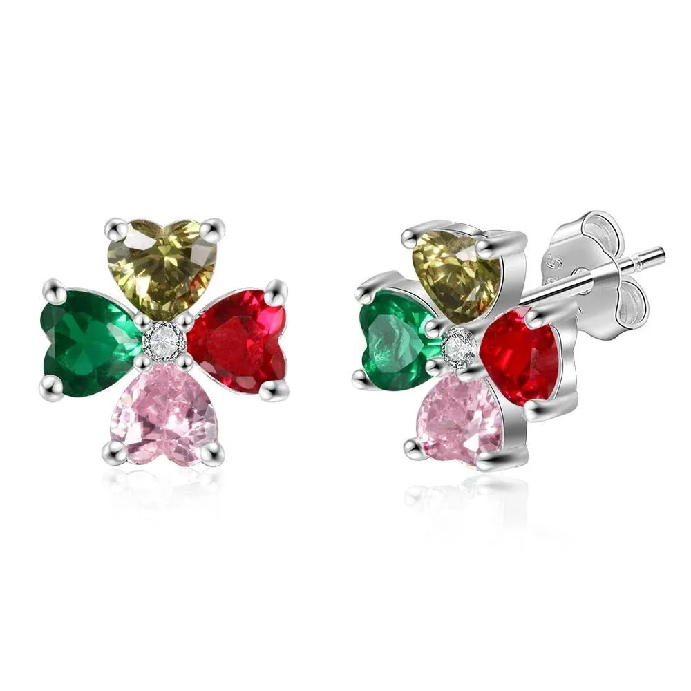 Personalized Stud Flower Earrings for Women with Customized 4 Heart Birthstones