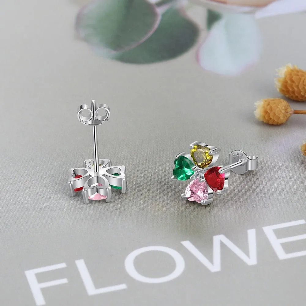 Personalized Stud Flower Earrings for Women with Customized 4 Heart Birthstones