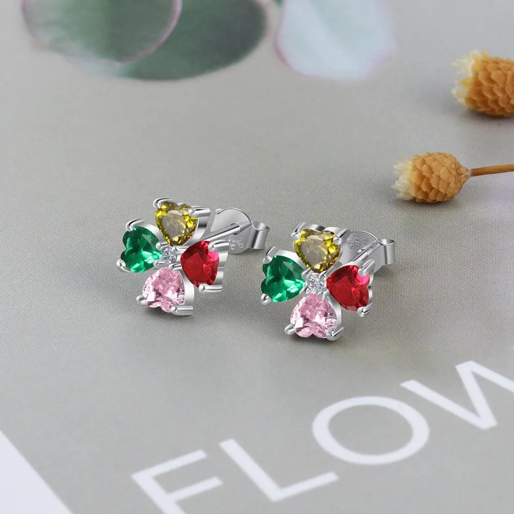 Personalized Stud Flower Earrings for Women with Customized 4 Heart Birthstones