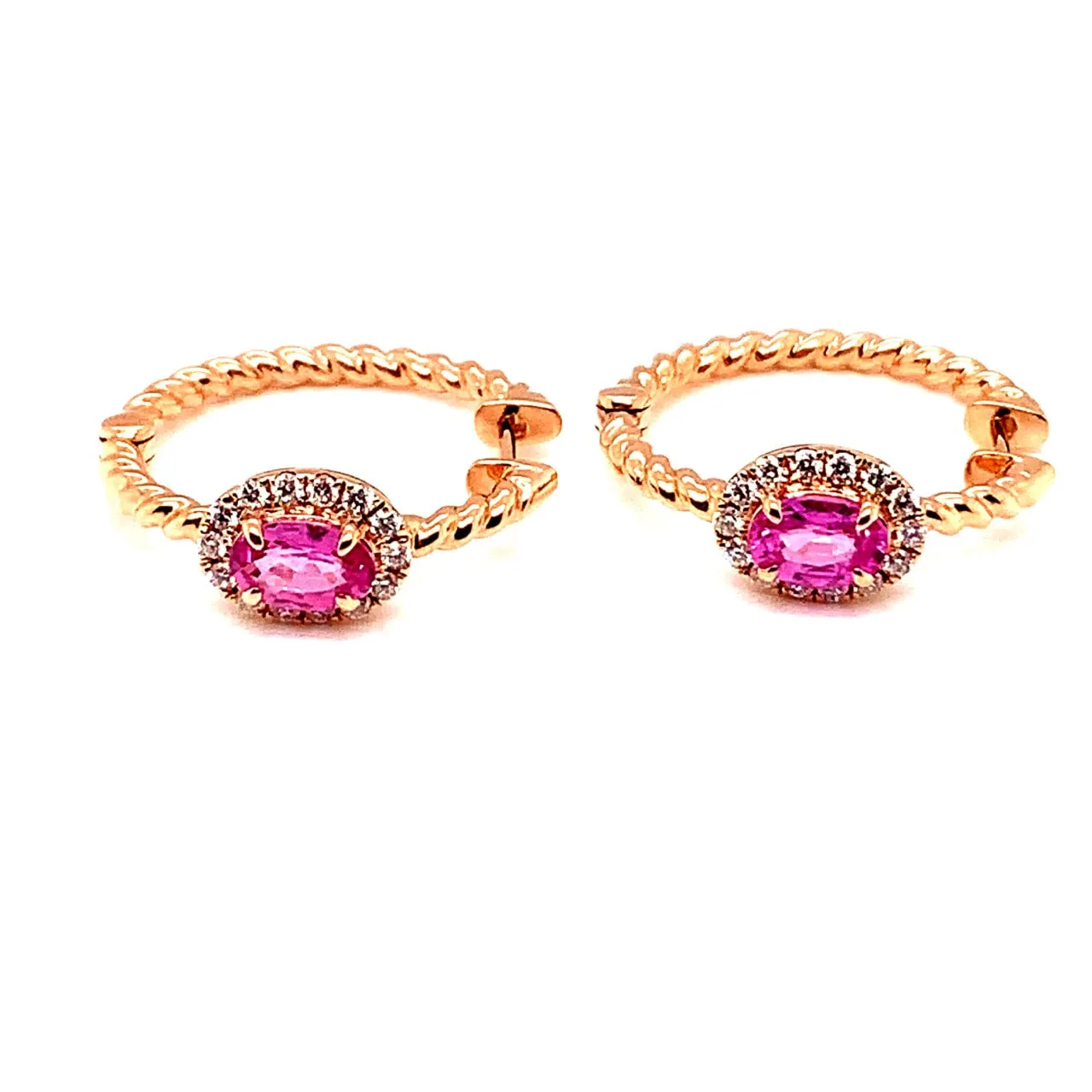 Pink Sapphire Diamond Halo Hoop Earrings