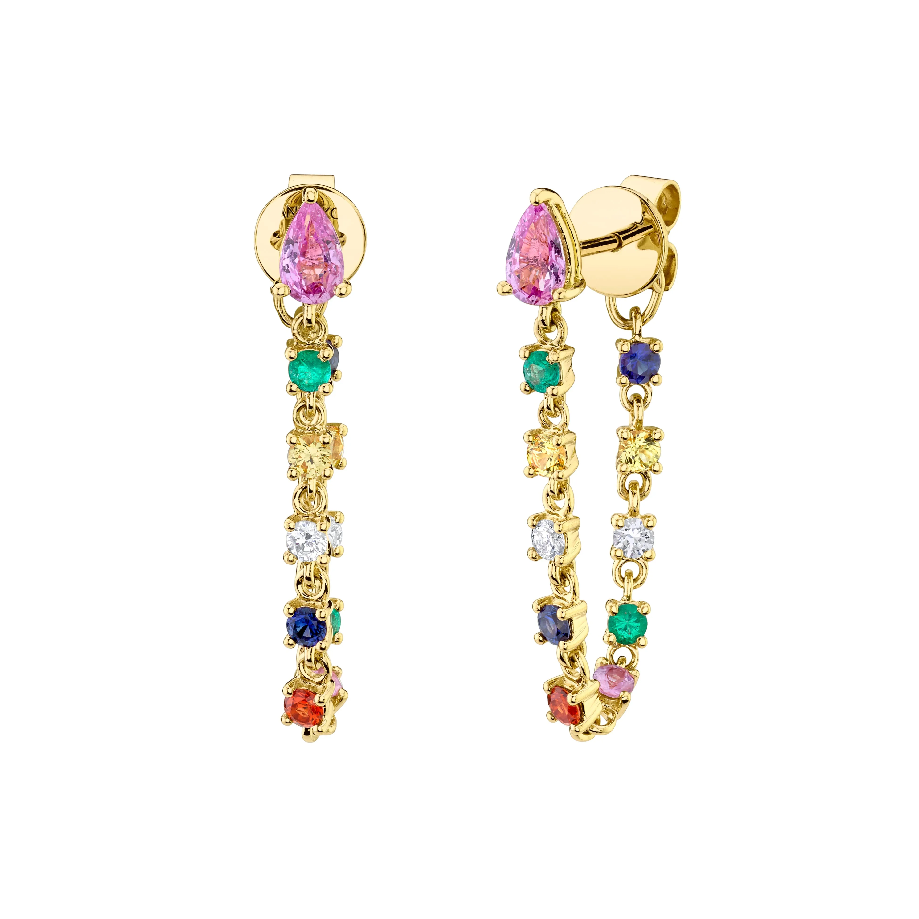 Pink Sapphire Pear, Diamond And Multi-colored Fine Gemstone Loop Earrings