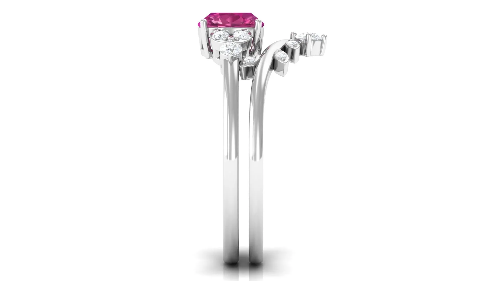 Pink Tourmaline and Diamond Ring Set with Leaf Motif