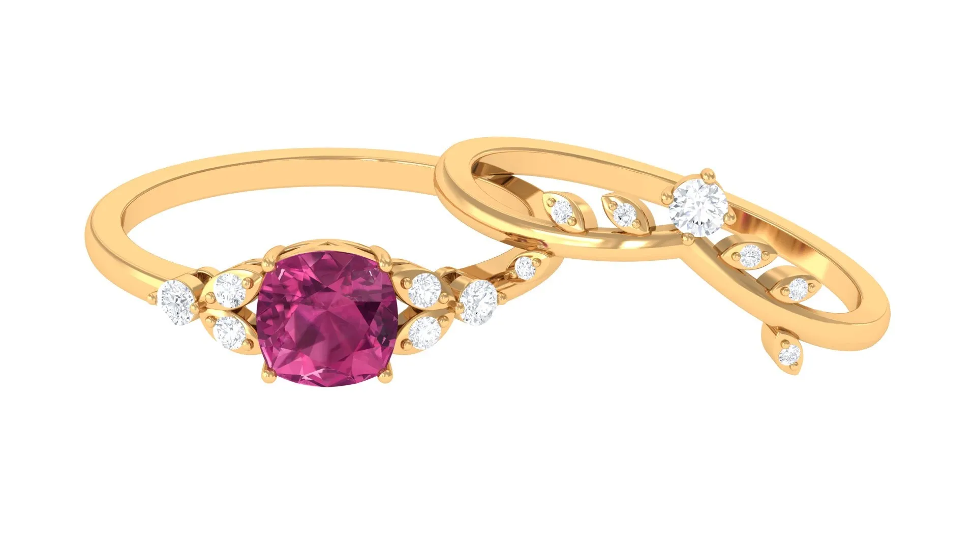 Pink Tourmaline and Diamond Ring Set with Leaf Motif