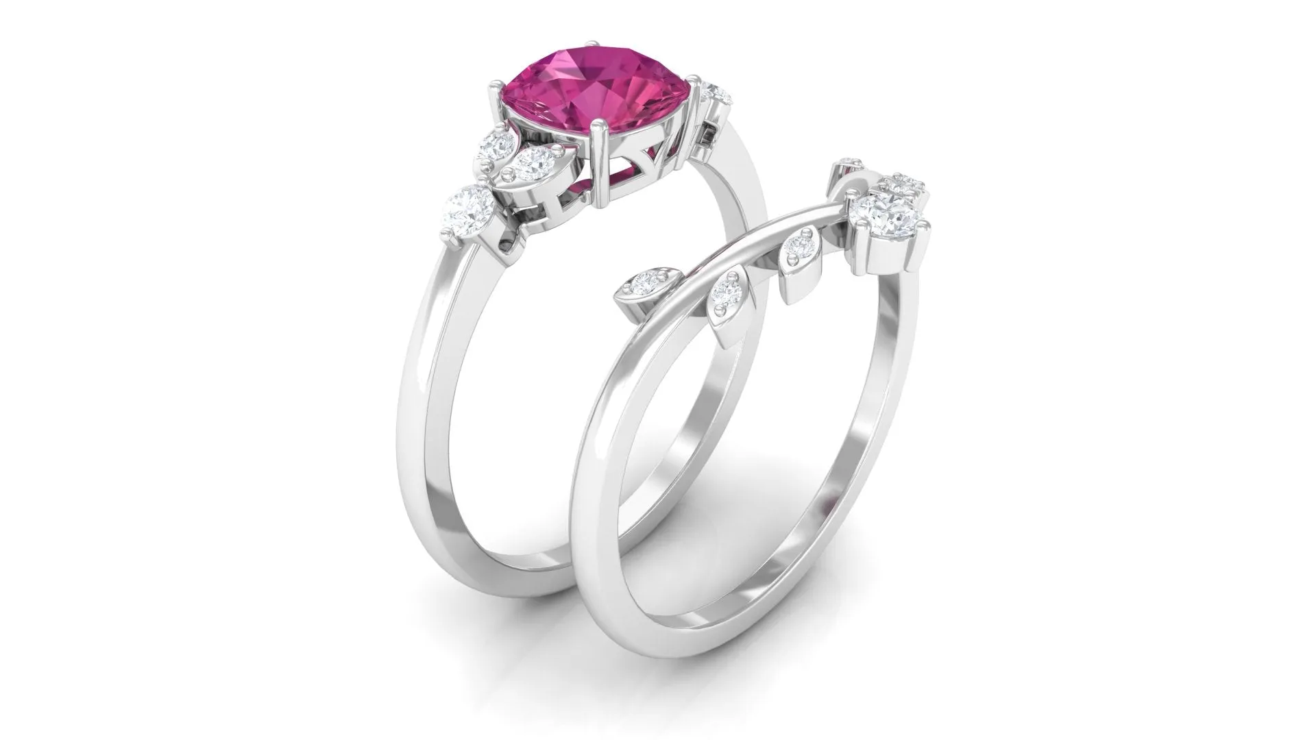 Pink Tourmaline and Diamond Ring Set with Leaf Motif