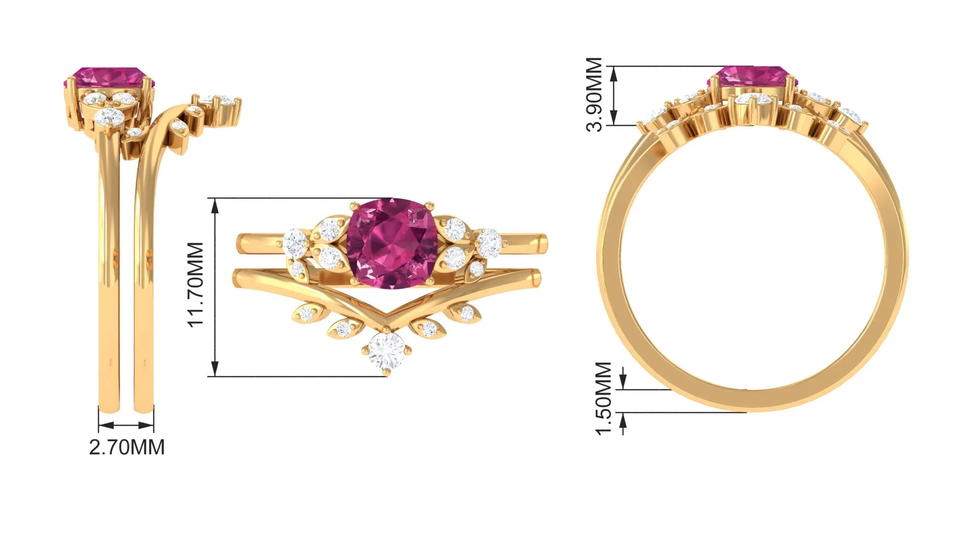 Pink Tourmaline and Diamond Ring Set with Leaf Motif