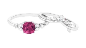 Pink Tourmaline and Diamond Ring Set with Leaf Motif