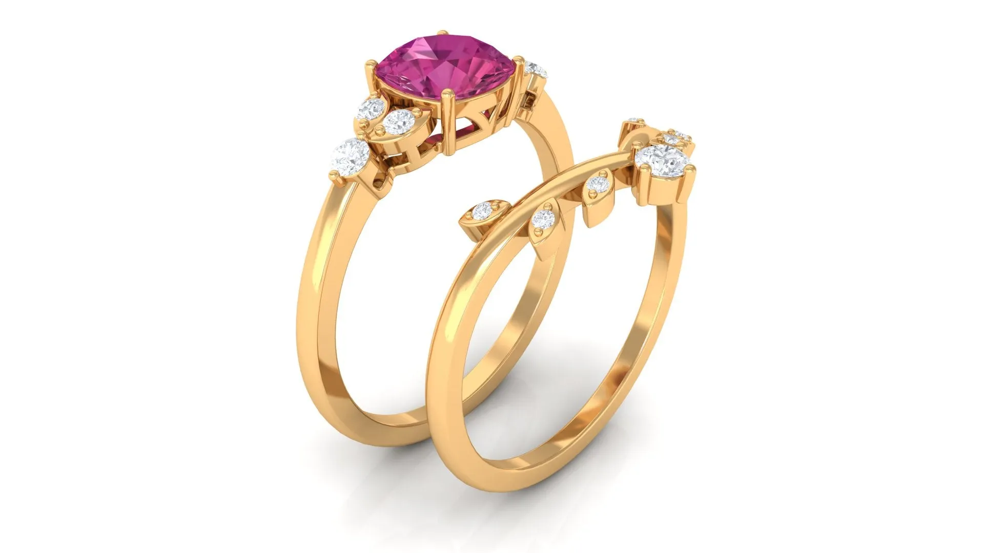 Pink Tourmaline and Diamond Ring Set with Leaf Motif