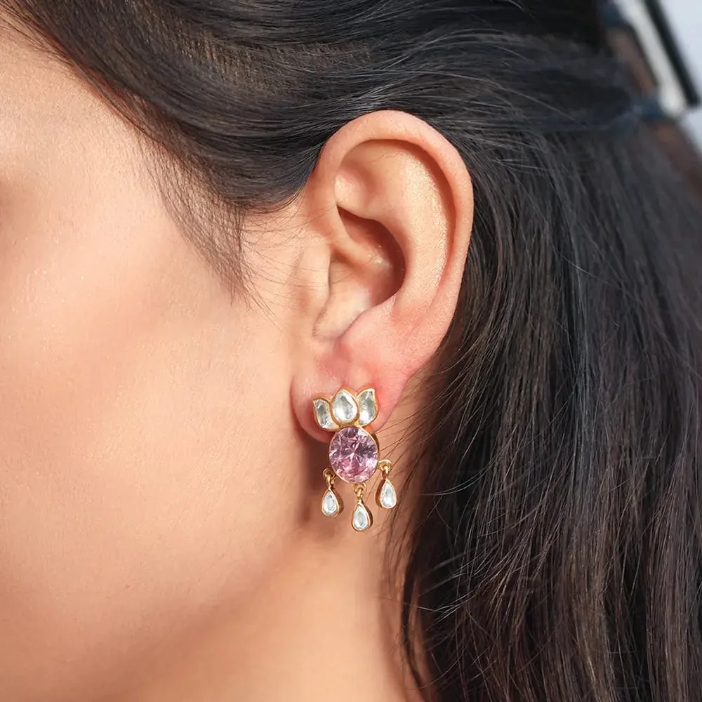 Pink Zircon With Polki Lotus Silver Earring