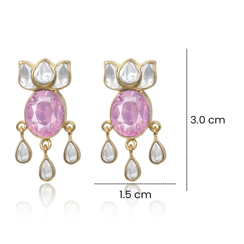 Pink Zircon With Polki Lotus Silver Earring