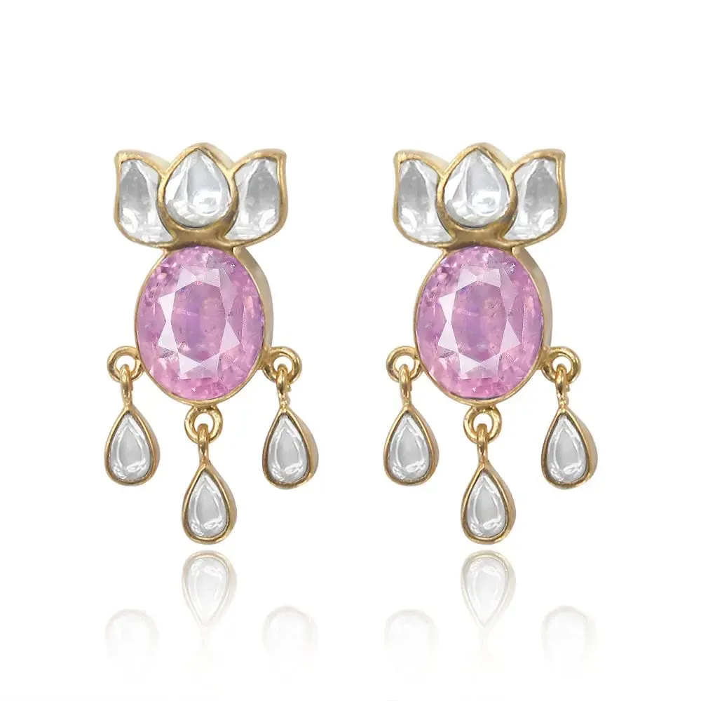 Pink Zircon With Polki Lotus Silver Earring