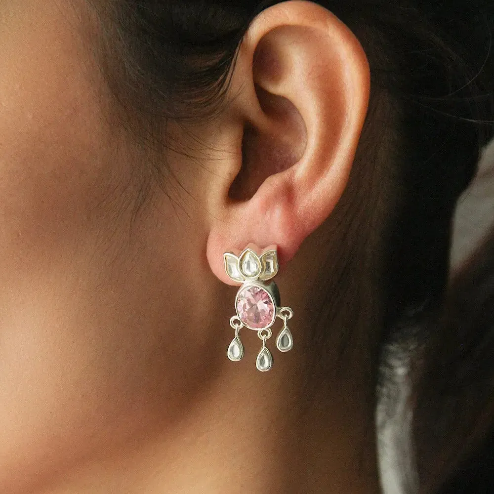 Pink Zircon With Polki Lotus Silver Earring