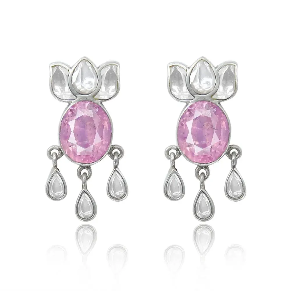 Pink Zircon With Polki Lotus Silver Earring