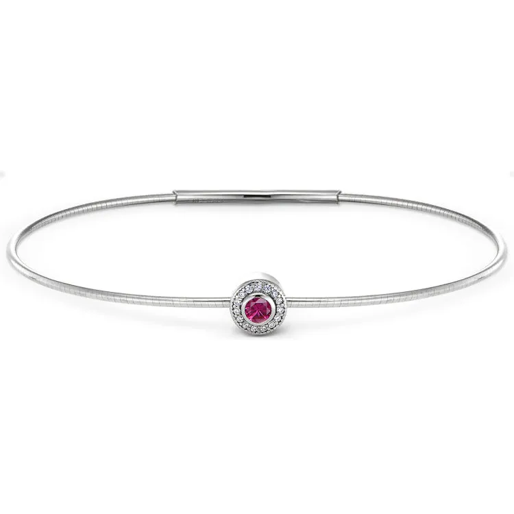 Platinum Finish Sterling Silver Round Simulated Ruby Birth Gem Bracelet with Simulated Diamonds