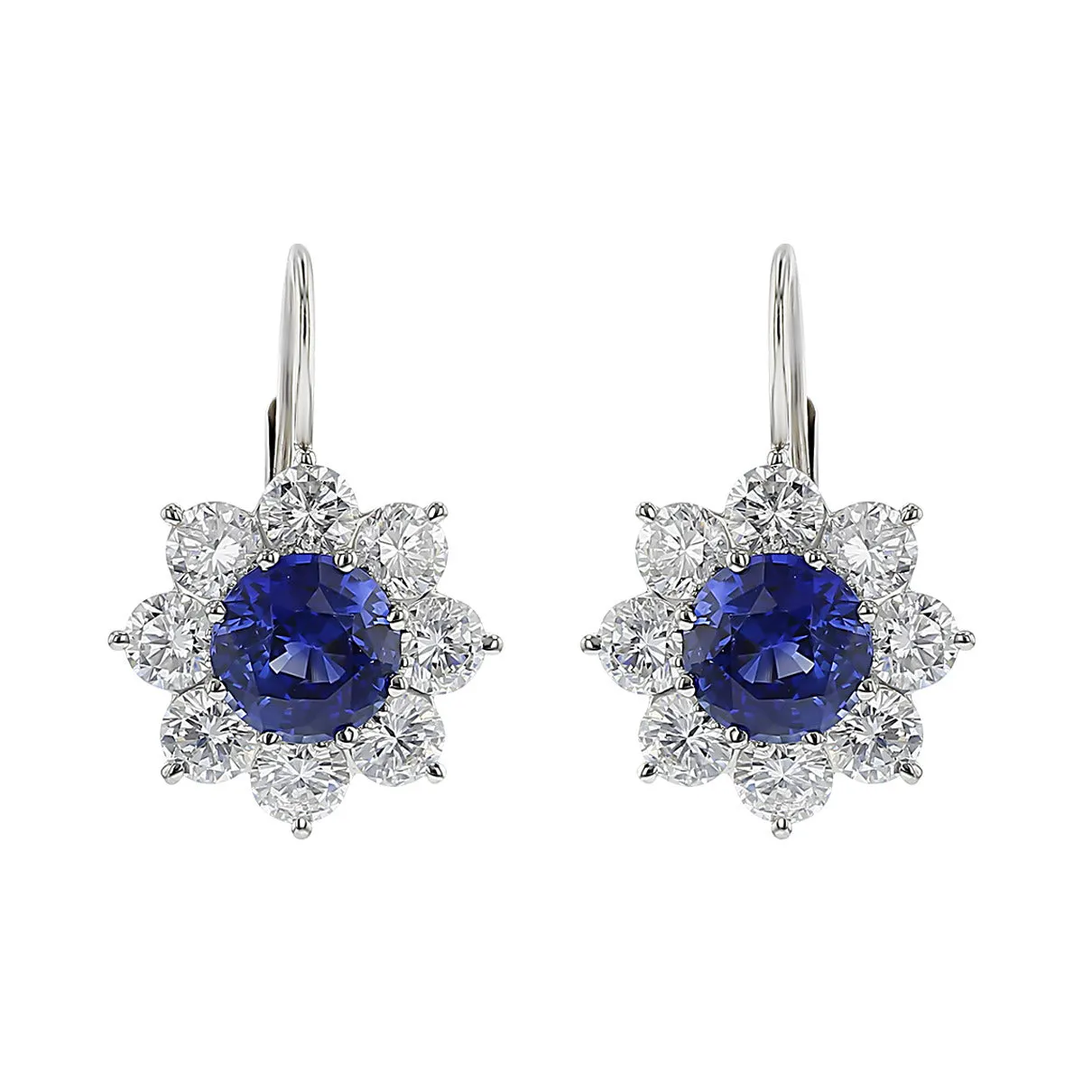 Platinum Sapphire and Diamond Halo Drop Earrings