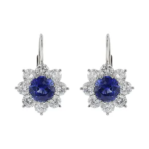 Platinum Sapphire and Diamond Halo Drop Earrings