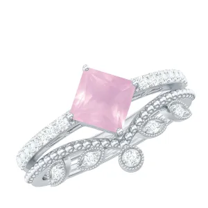 Princess Cut Rose Quartz Vintage Inspired Ring Set with Diamond