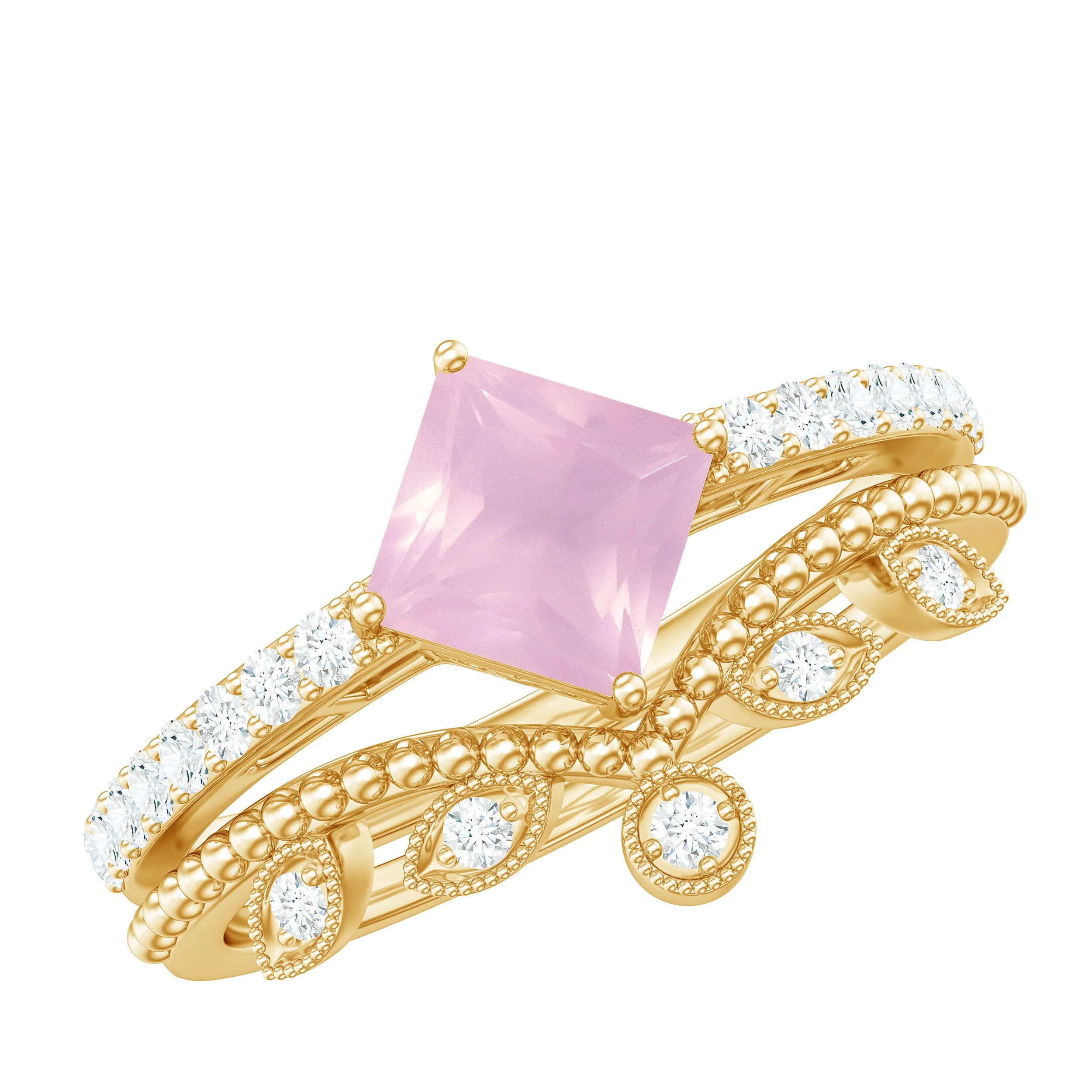 Princess Cut Rose Quartz Vintage Inspired Ring Set with Diamond