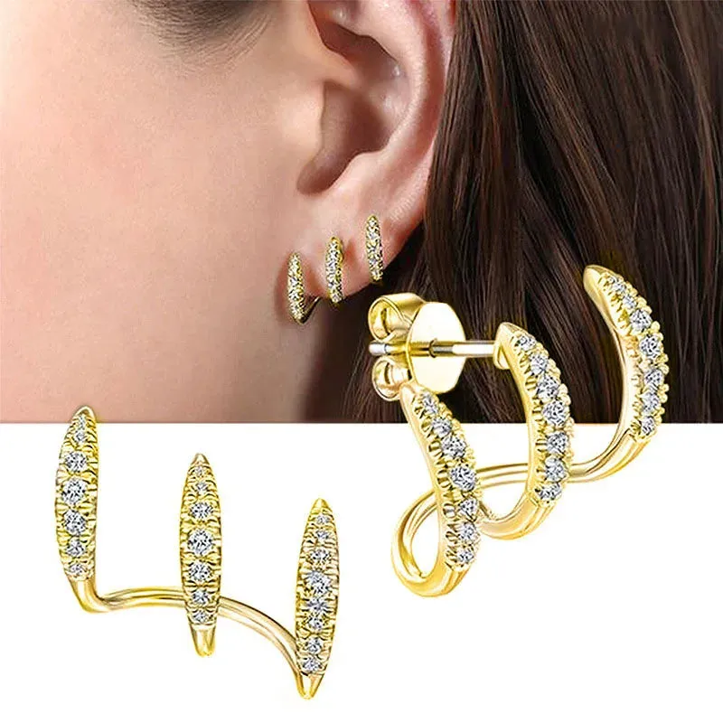 Punk Zircon Double-layer Ear Cuff No Piercing Earrings Trendy Unique Metal Geometric Ear Clip for Women Jewelry Gifts