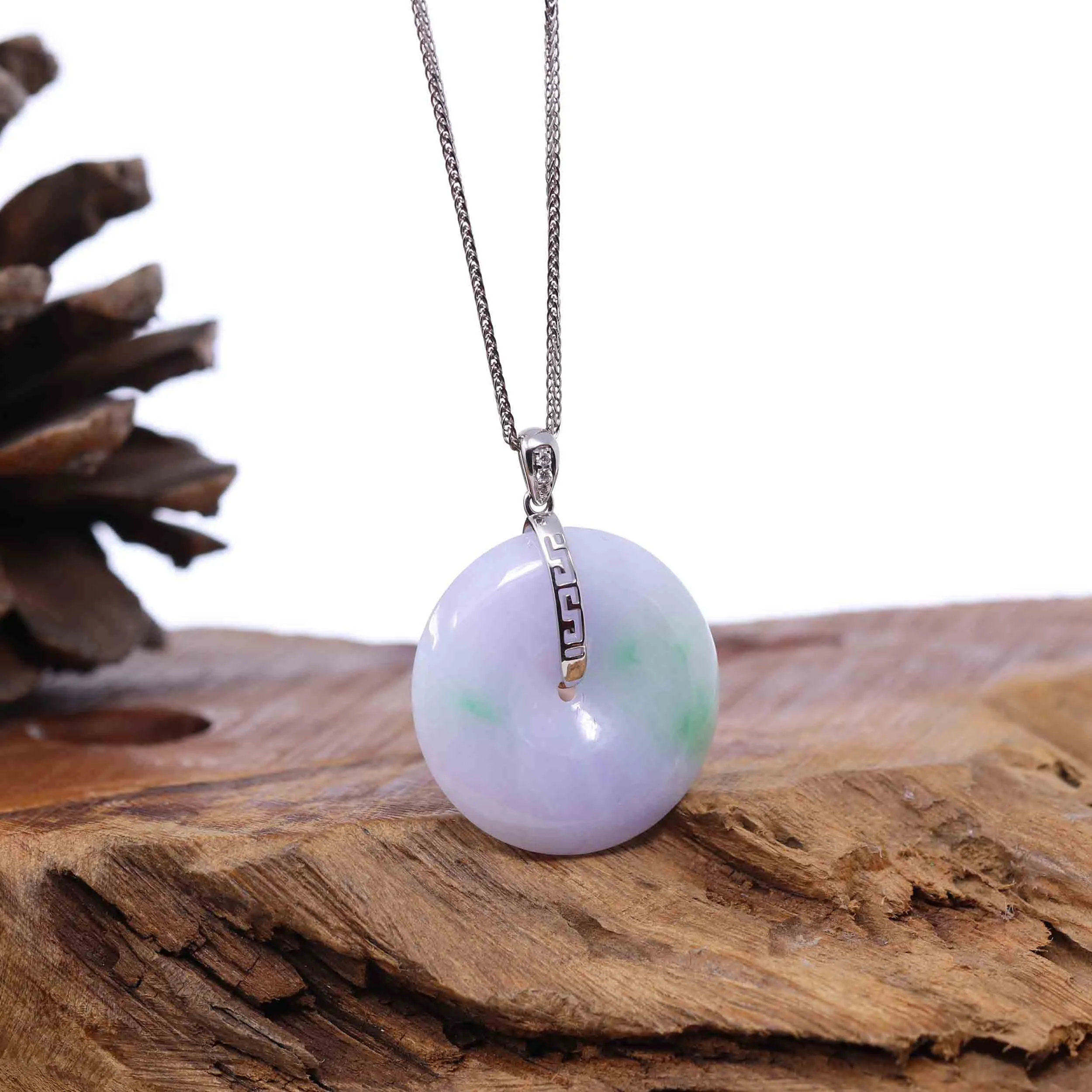 "Good Luck Button" Lavender Jadeite Jade Lucky KouKou Pendant With 14K White Gold Bail