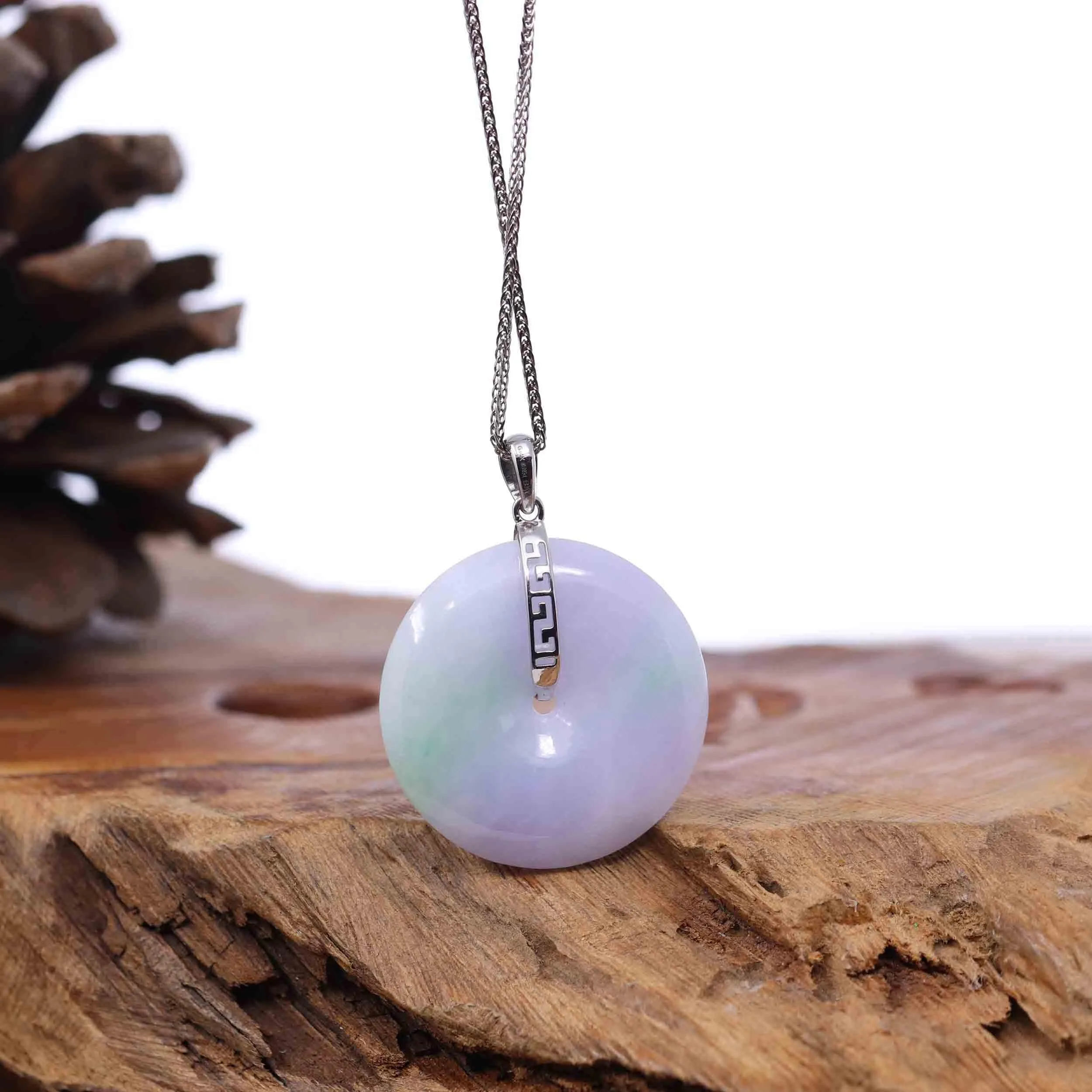 "Good Luck Button" Lavender Jadeite Jade Lucky KouKou Pendant With 14K White Gold Bail