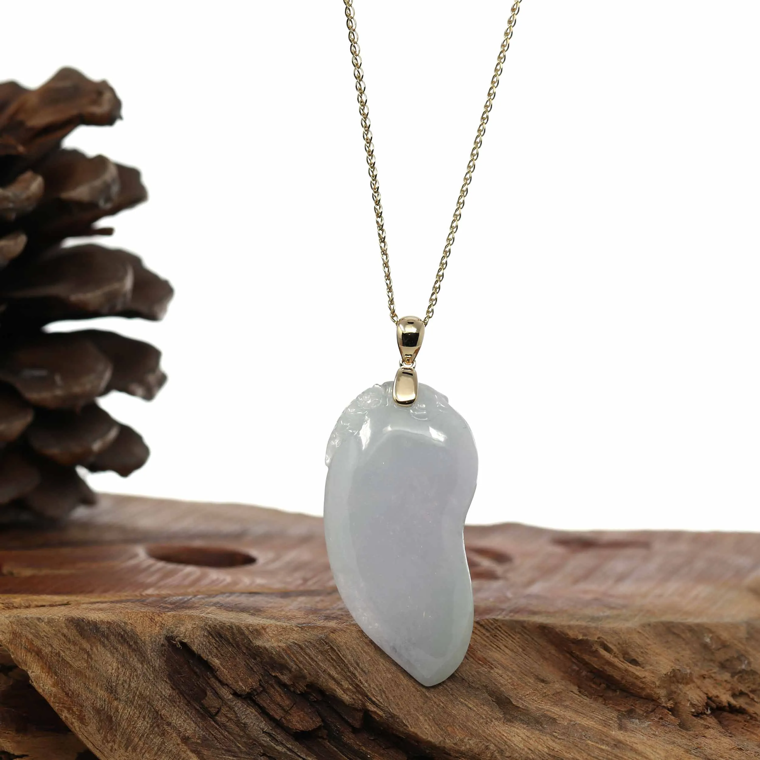 "Shou Tao" (Longevity Peach) Natural Ice Lavender Jadeite Jade, Necklace With 14k Yellow Gold Bail