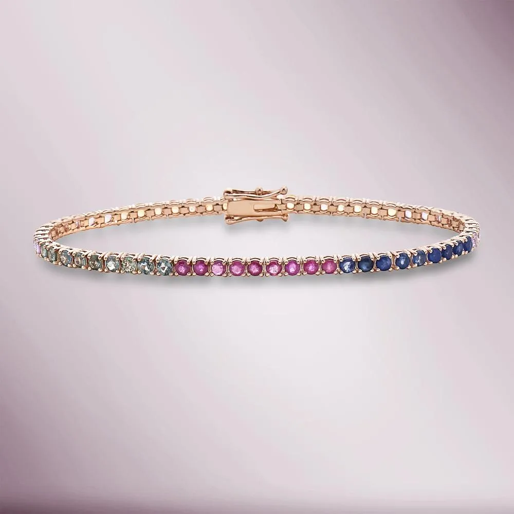 Ready to Ship Multicolor Rainbow Sapphires Tennis Bracelet ( 6.05 ct. t.w. ) in solid 14k Gold, Round Multi Sapphire 4-Prongs Tennis Bracelet