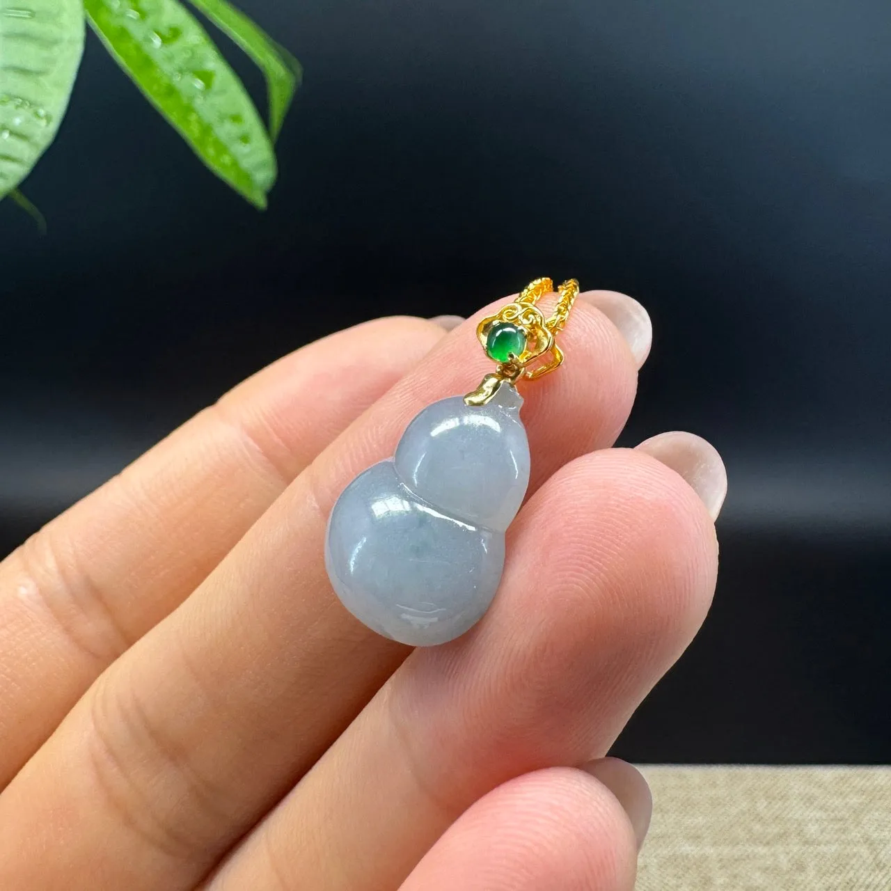 RealJade® Co. Genuine Blue Green Jadeite Jade Good Luck Hulu Necklace With 18K Yellow Gold Bail