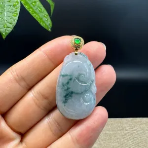 RealJade® Co. Genuine Blue Green Jadeite Jade Good Luck RuYi Necklace With 18K Yellow Gold Bail