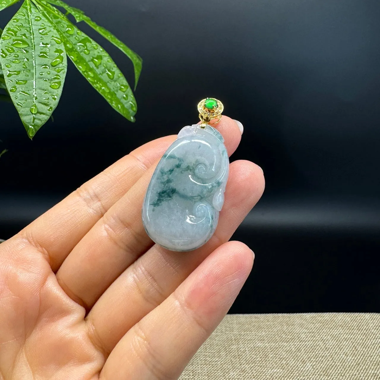 RealJade® Co. Genuine Blue Green Jadeite Jade Good Luck RuYi Necklace With 18K Yellow Gold Bail