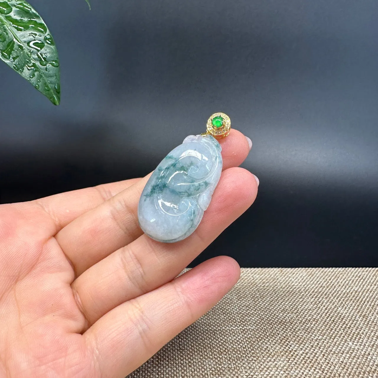 RealJade® Co. Genuine Blue Green Jadeite Jade Good Ru Yi Bottle Gourd Necklace With 18K Yellow Gold Bail