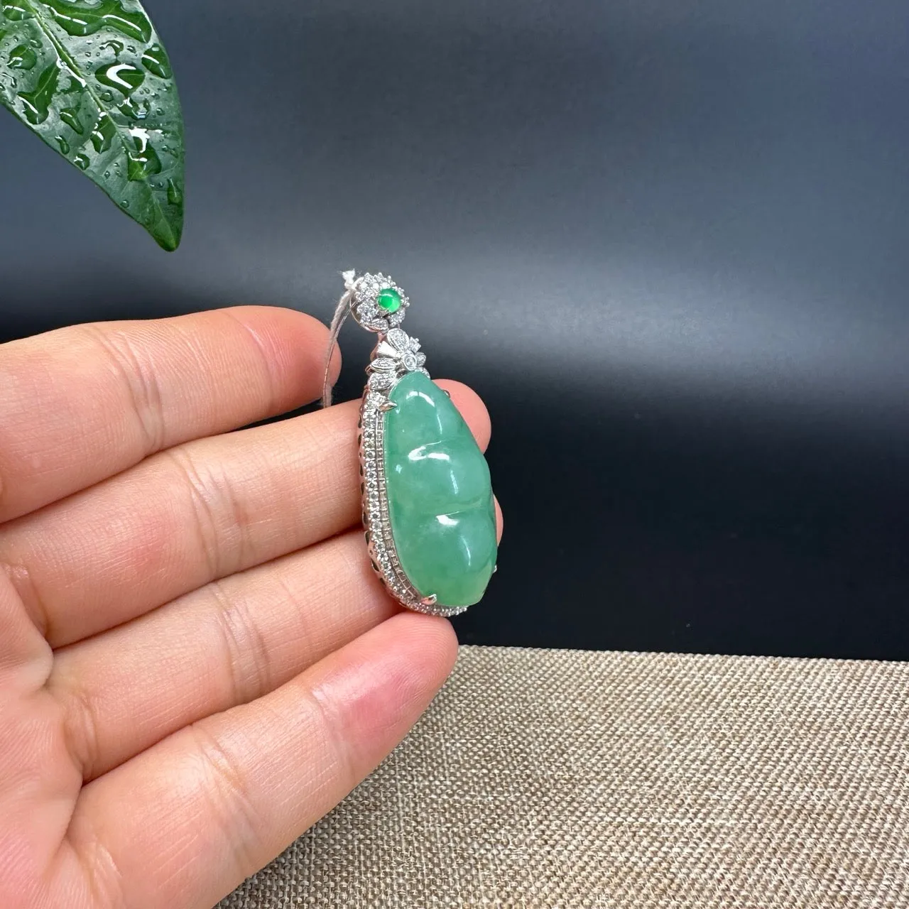 RealJade® Co. Genuine Burmese Green Jadeite Jade Fu Dou Pendant with 18k Rose Gold Diamond Bail