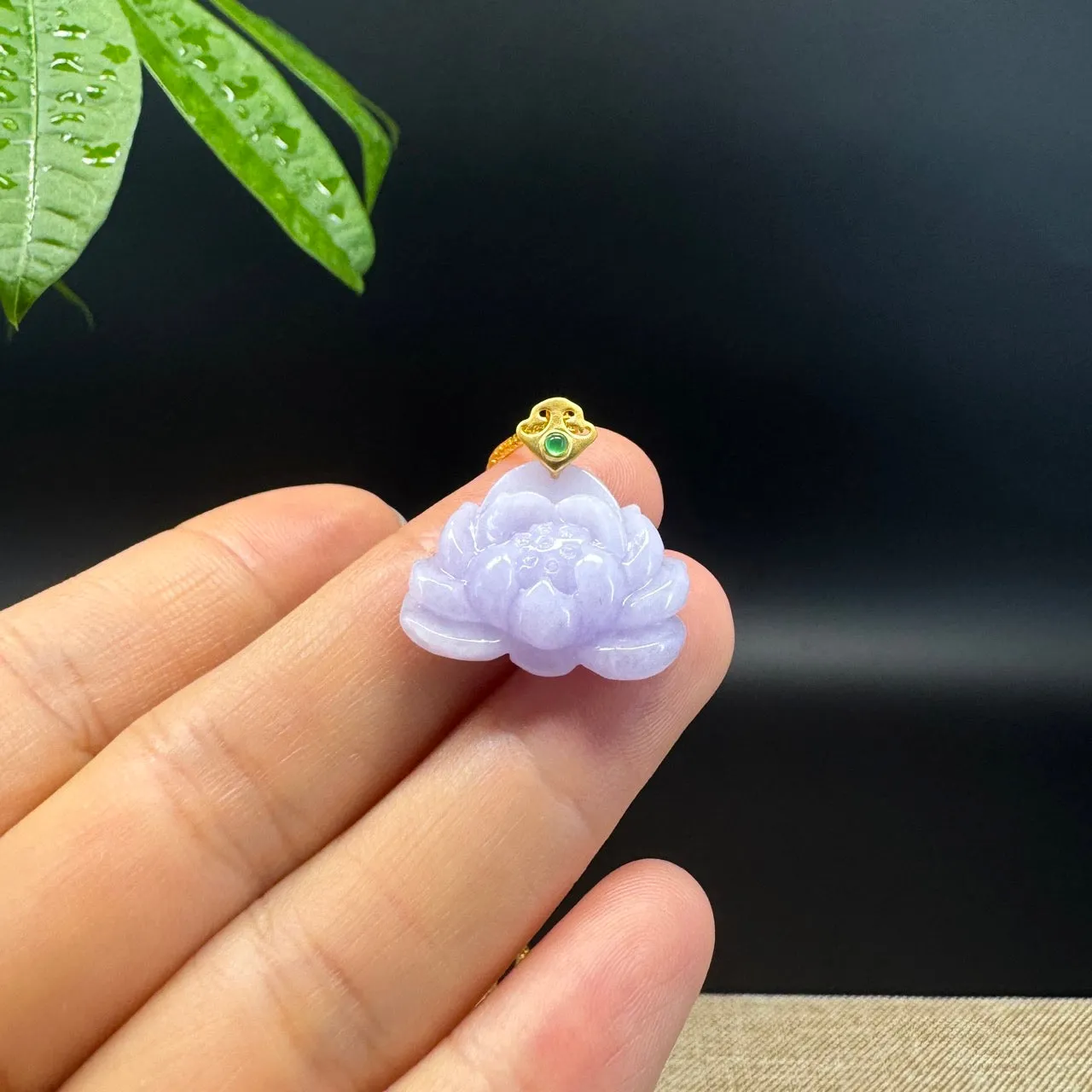 RealJade® Co. Genuine Lavender Jadeite Jade Good Lotus Bottle Gourd Necklace With 18K Yellow Gold Bail