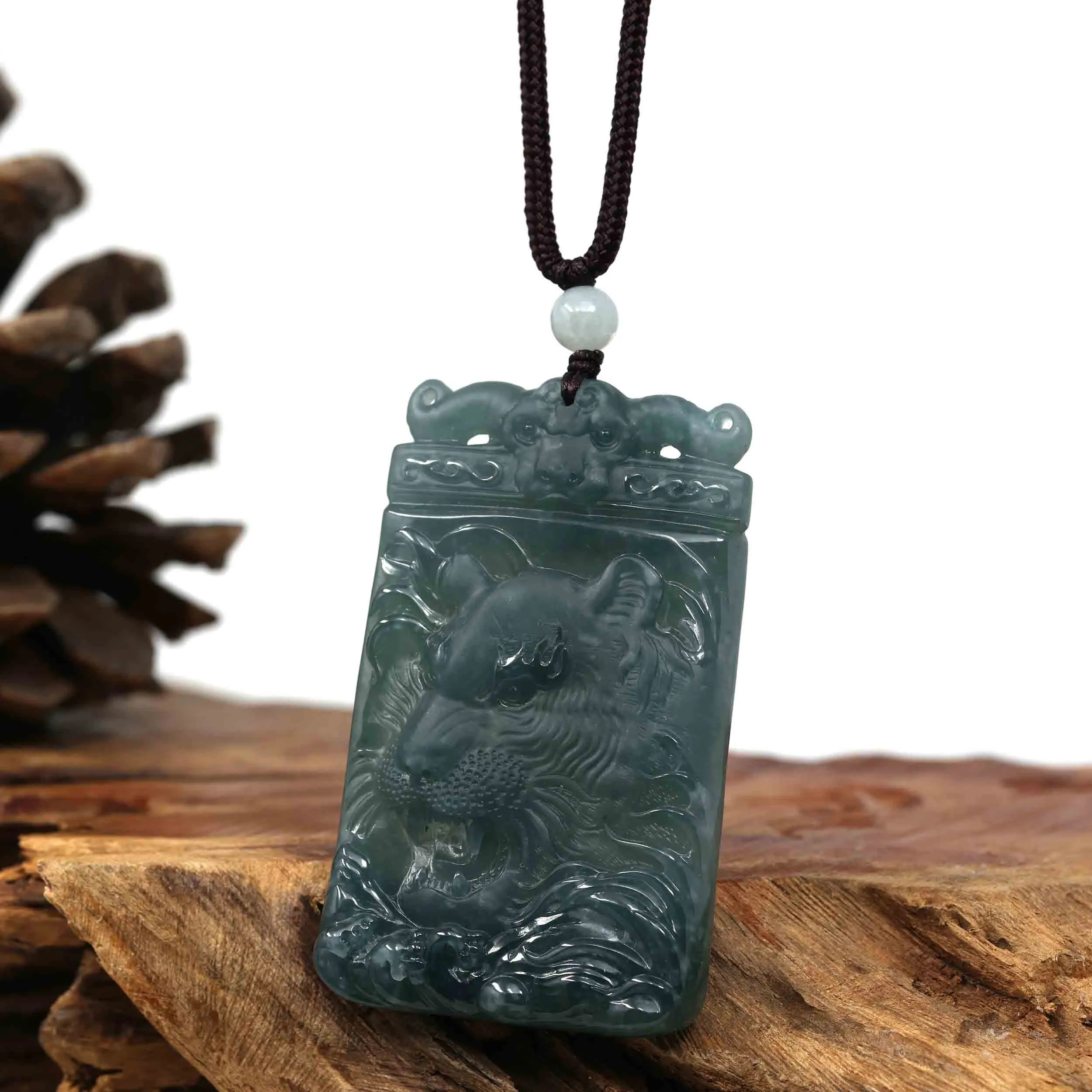 RealJade® Co. Natural Deep Blue Green Jadeite Jade "Roaring Tiger" Pendant Necklace For Men, Collectibles.