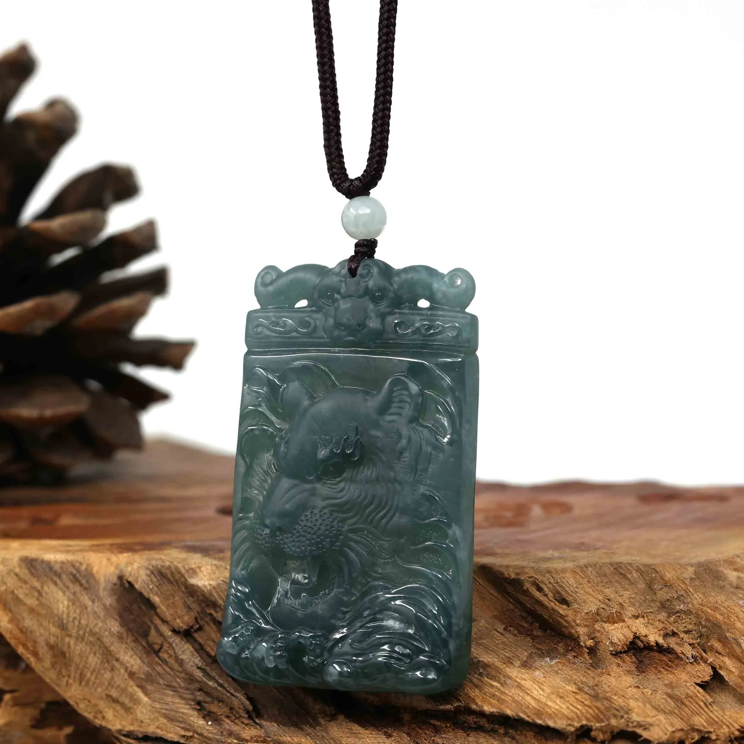 RealJade® Co. Natural Deep Blue Green Jadeite Jade "Roaring Tiger" Pendant Necklace For Men, Collectibles.