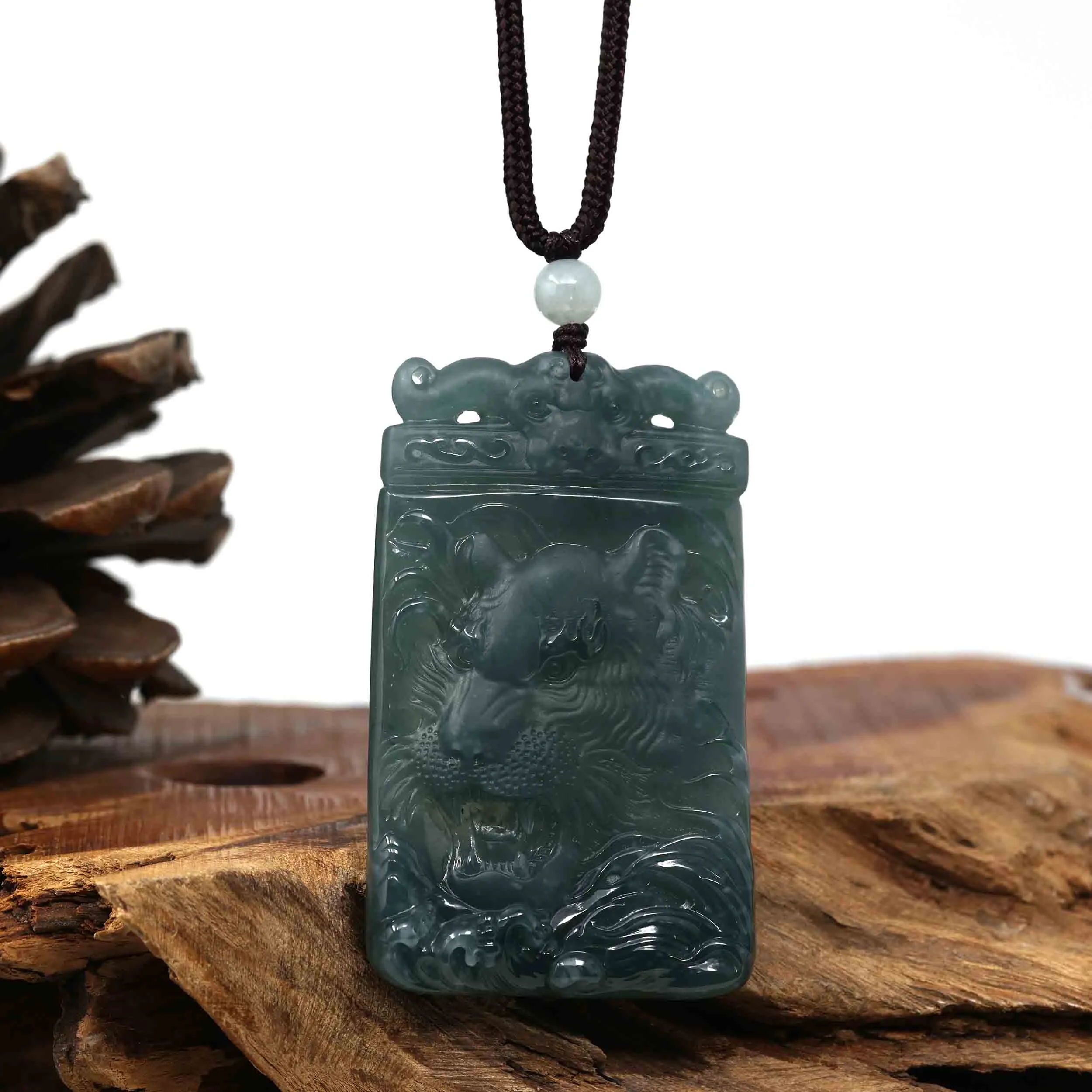 RealJade® Co. Natural Deep Blue Green Jadeite Jade "Roaring Tiger" Pendant Necklace For Men, Collectibles.