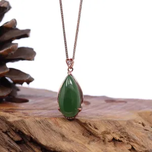 RealJade® Co. Tear-Drop Nephrite Jade Necklace Pendant with 18k Rose Gold Plated