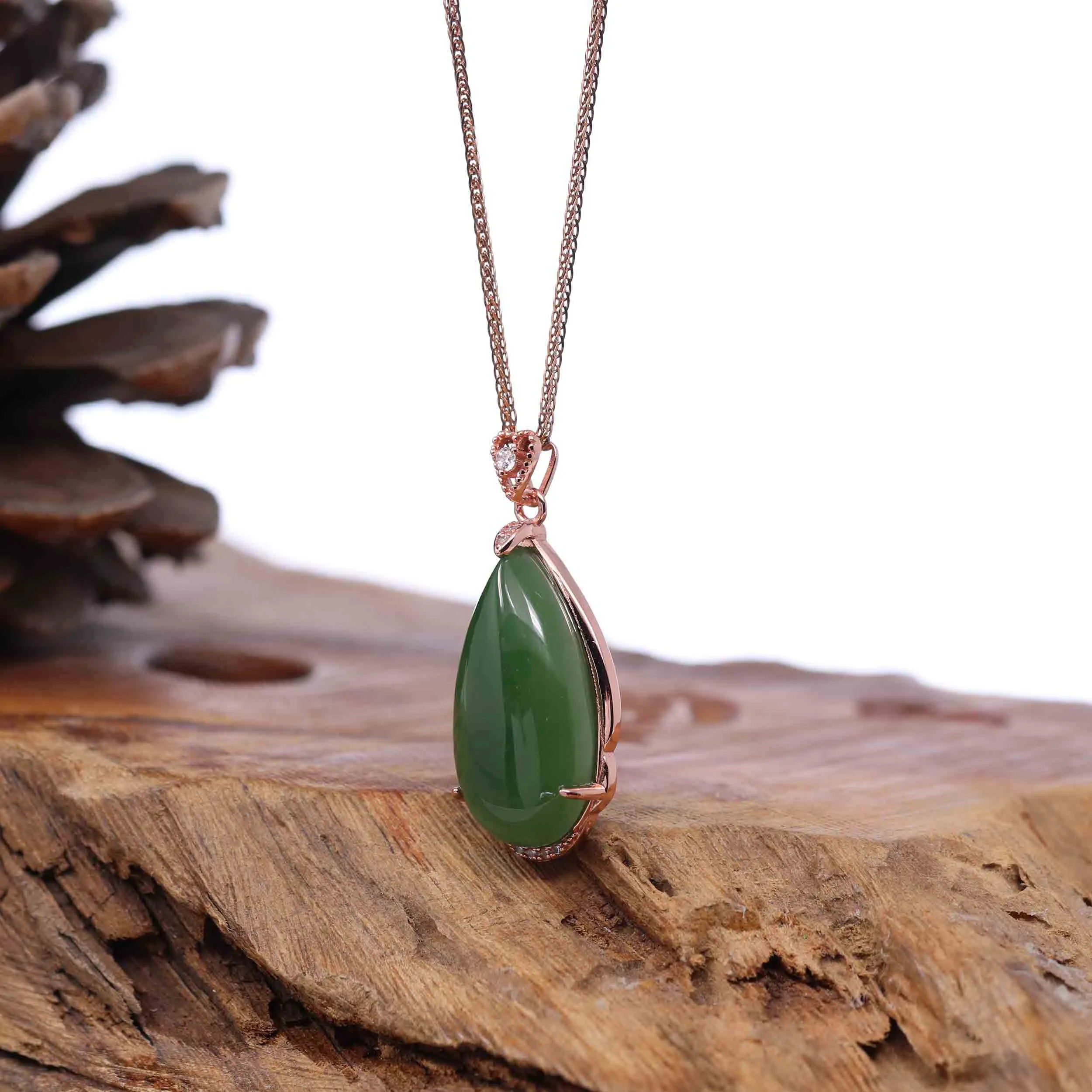 RealJade® Co. Tear-Drop Nephrite Jade Necklace Pendant with 18k Rose Gold Plated