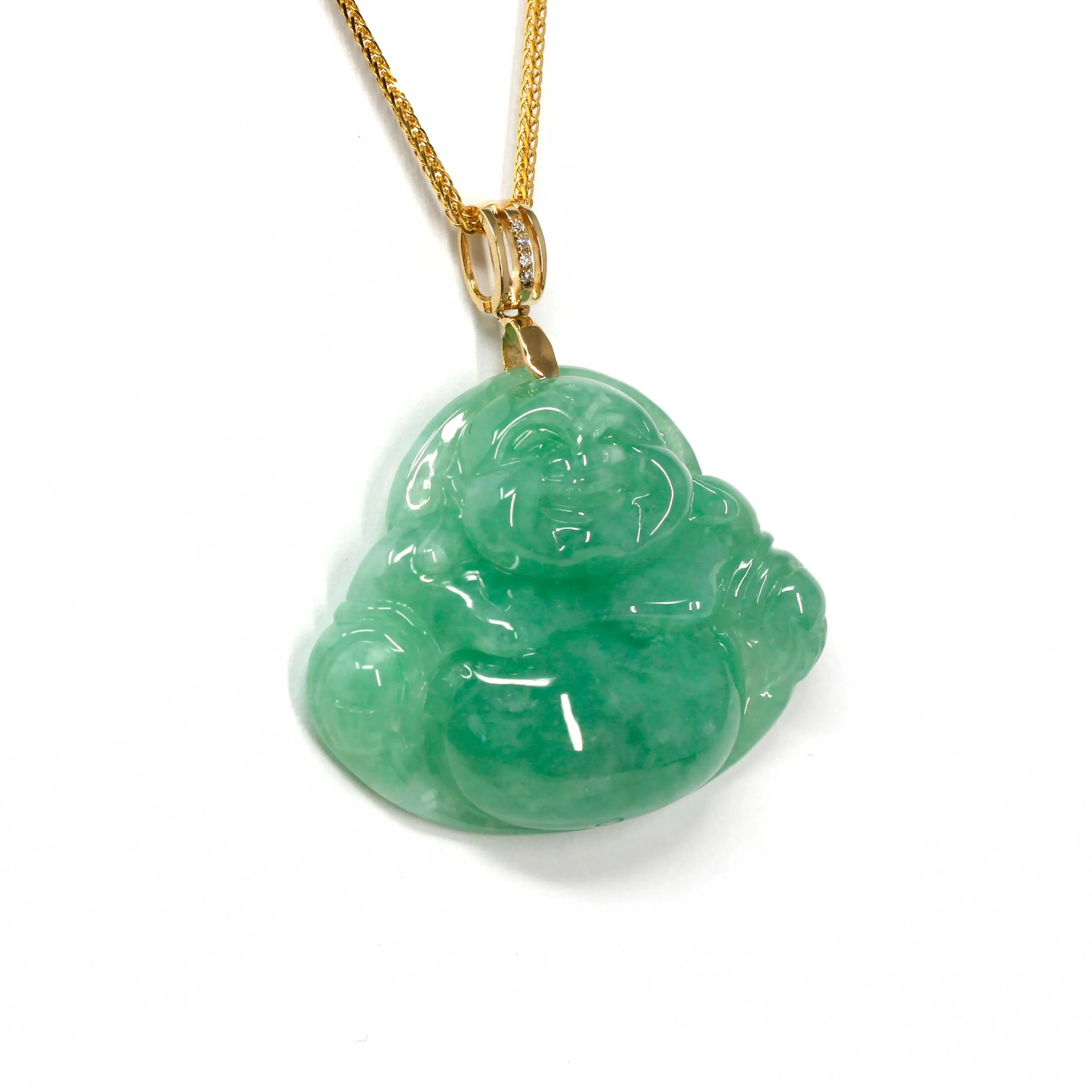 RealJade® Laughing Buddha Genuine Green Jadeite Buddha Pendant Necklace With 18k Yellow Gold Diamond Bail