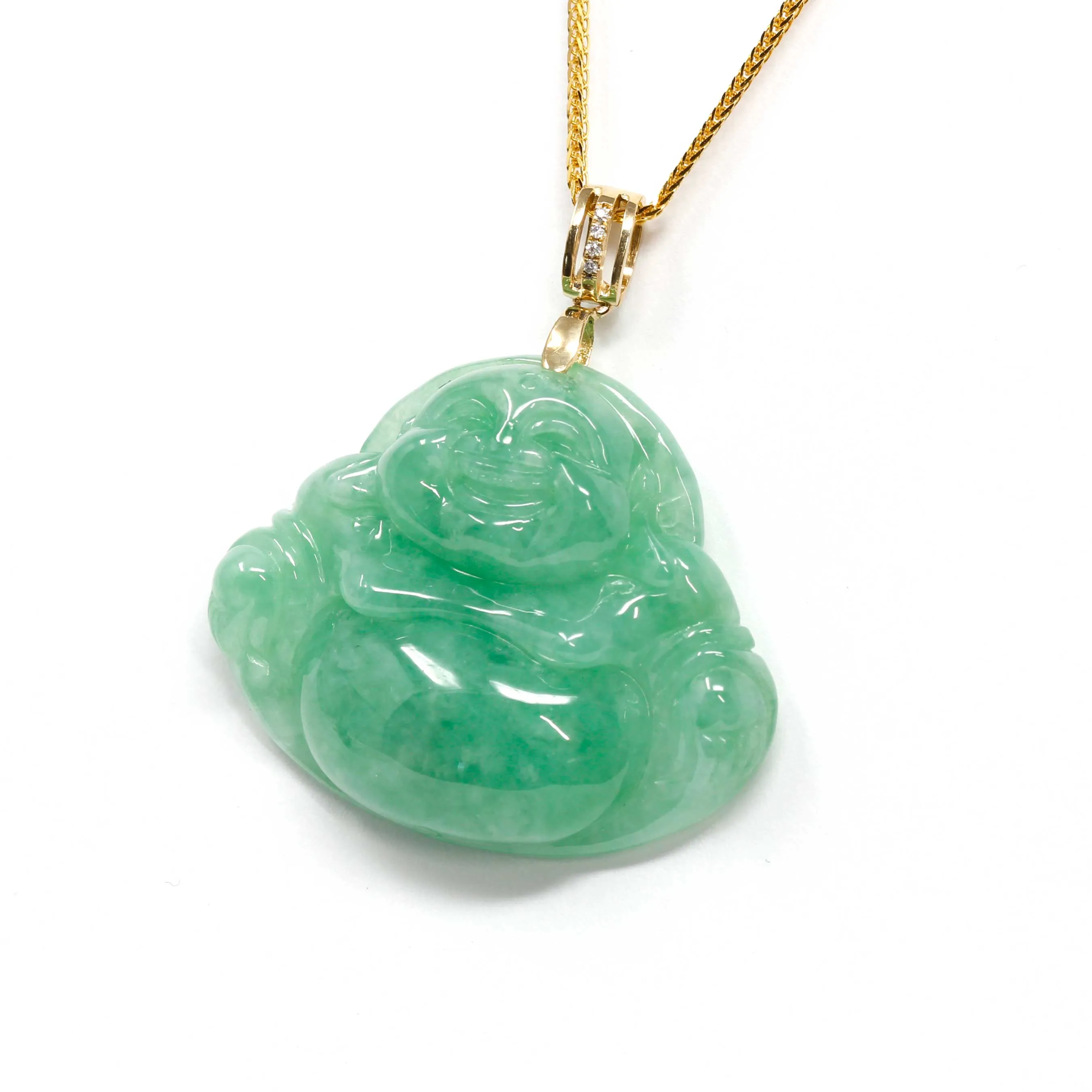 RealJade® Laughing Buddha Genuine Green Jadeite Buddha Pendant Necklace With 18k Yellow Gold Diamond Bail