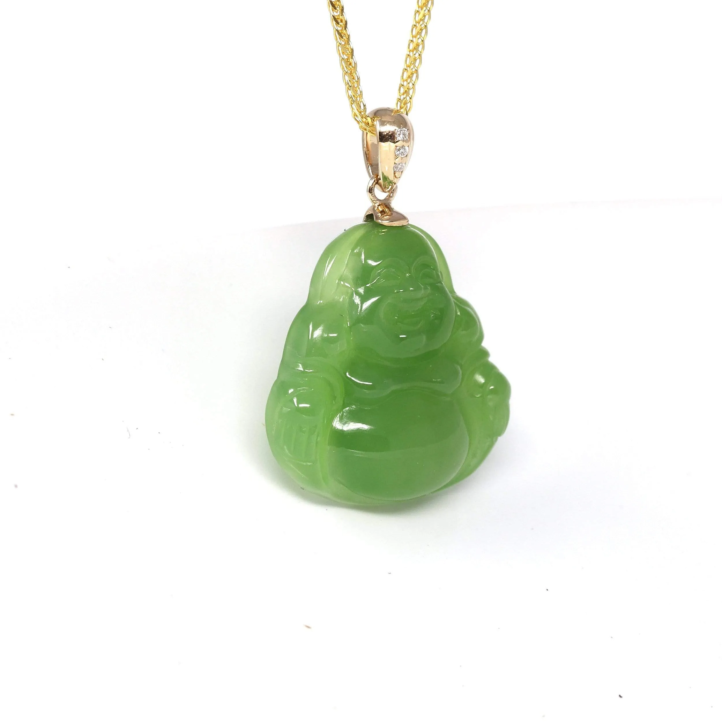 RealJade® "Laughing Buddha" 14k Gold Genuine Nephrite Apple Green Jade Pendant Necklace