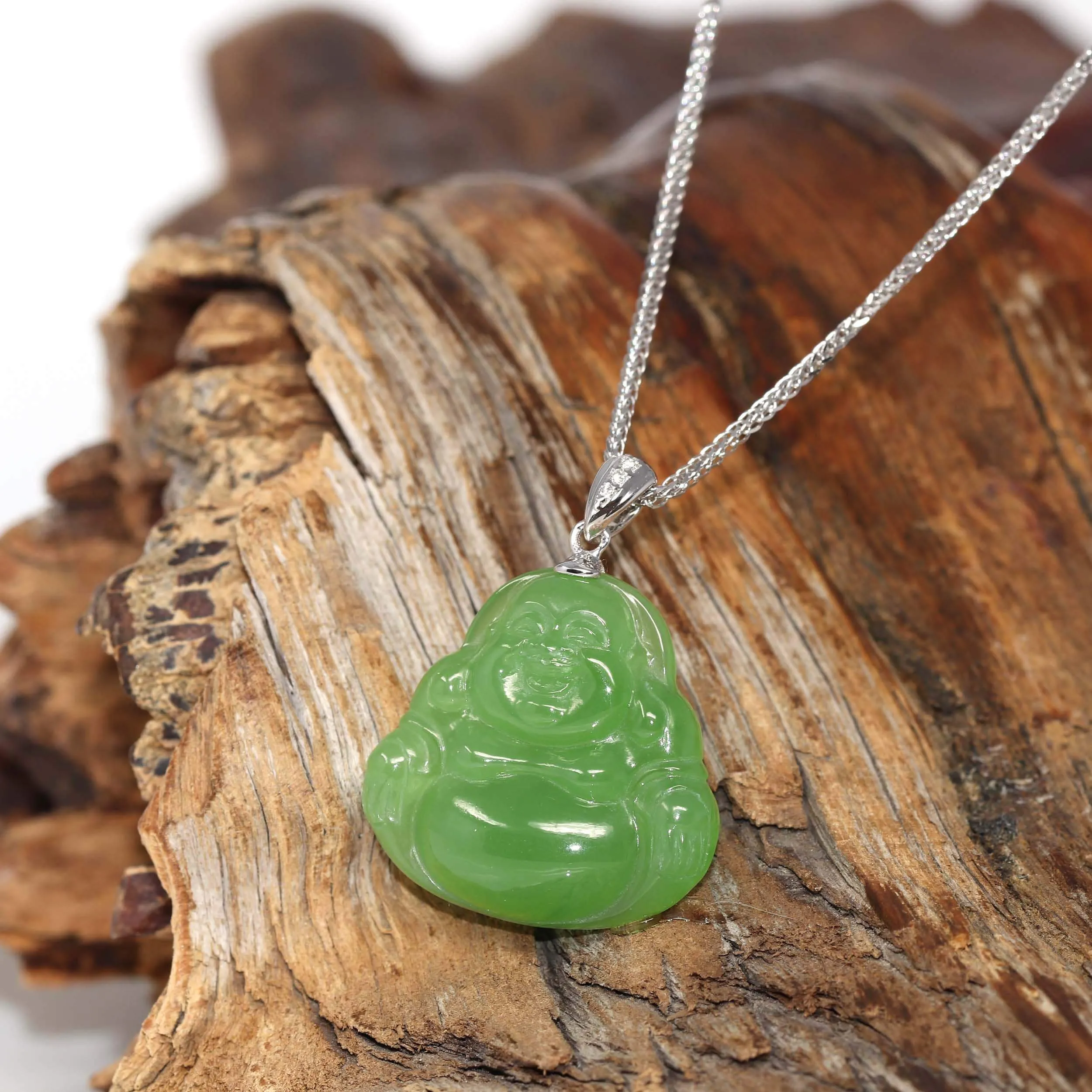 RealJade® "Laughing Buddha" 14k Gold Genuine Nephrite Apple Green Jade Pendant Necklace