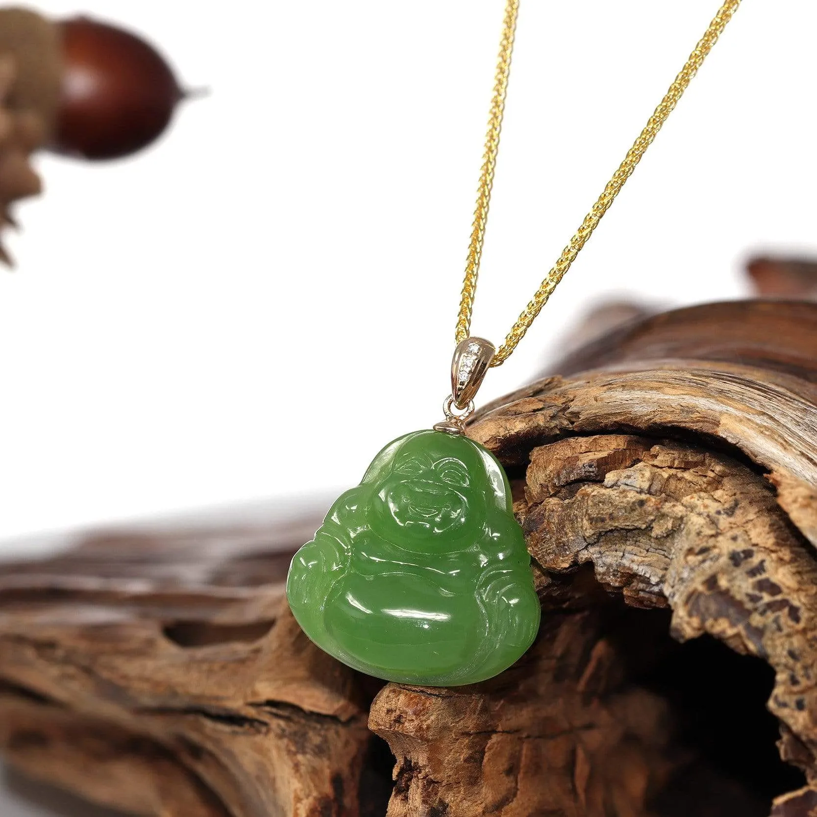 RealJade® "Laughing Buddha" 14k Gold Genuine Nephrite Apple Green Jade Pendant Necklace