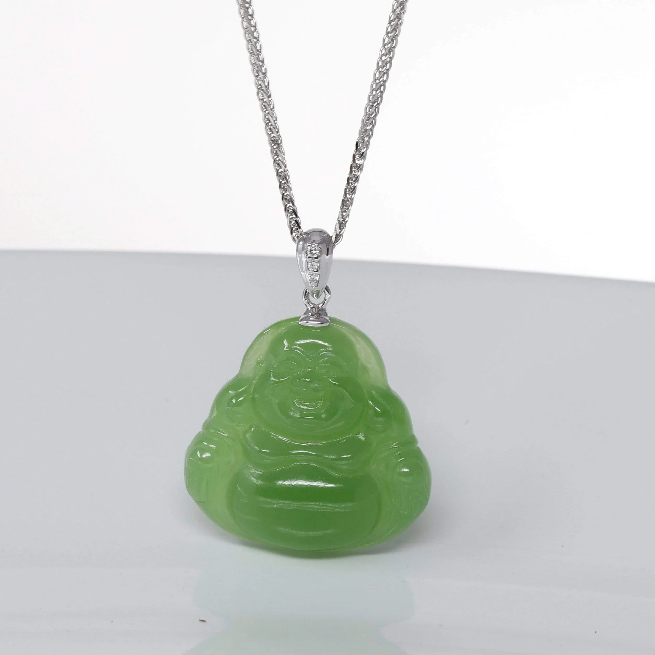 RealJade® "Laughing Buddha" 14k Gold Genuine Nephrite Apple Green Jade Pendant Necklace