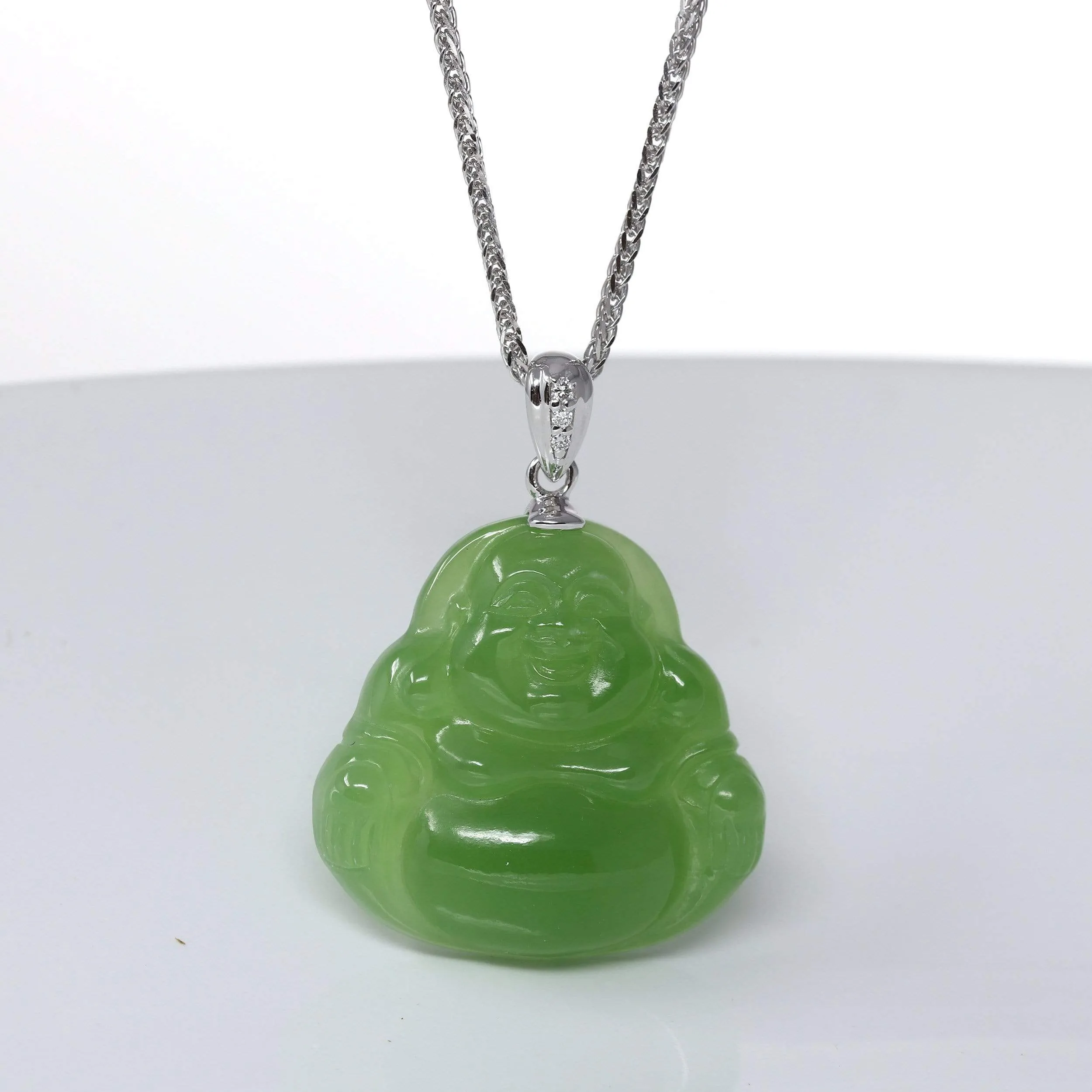 RealJade® "Laughing Buddha" 14k Gold Genuine Nephrite Apple Green Jade Pendant Necklace