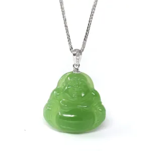 RealJade® "Laughing Buddha" 14k Gold Genuine Nephrite Apple Green Jade Pendant Necklace